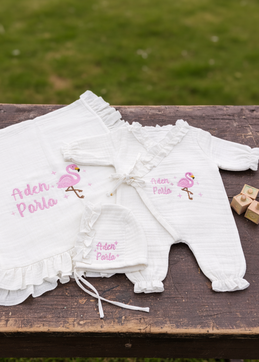 Flamingo Nakışlı Müslin 3 Parça Set