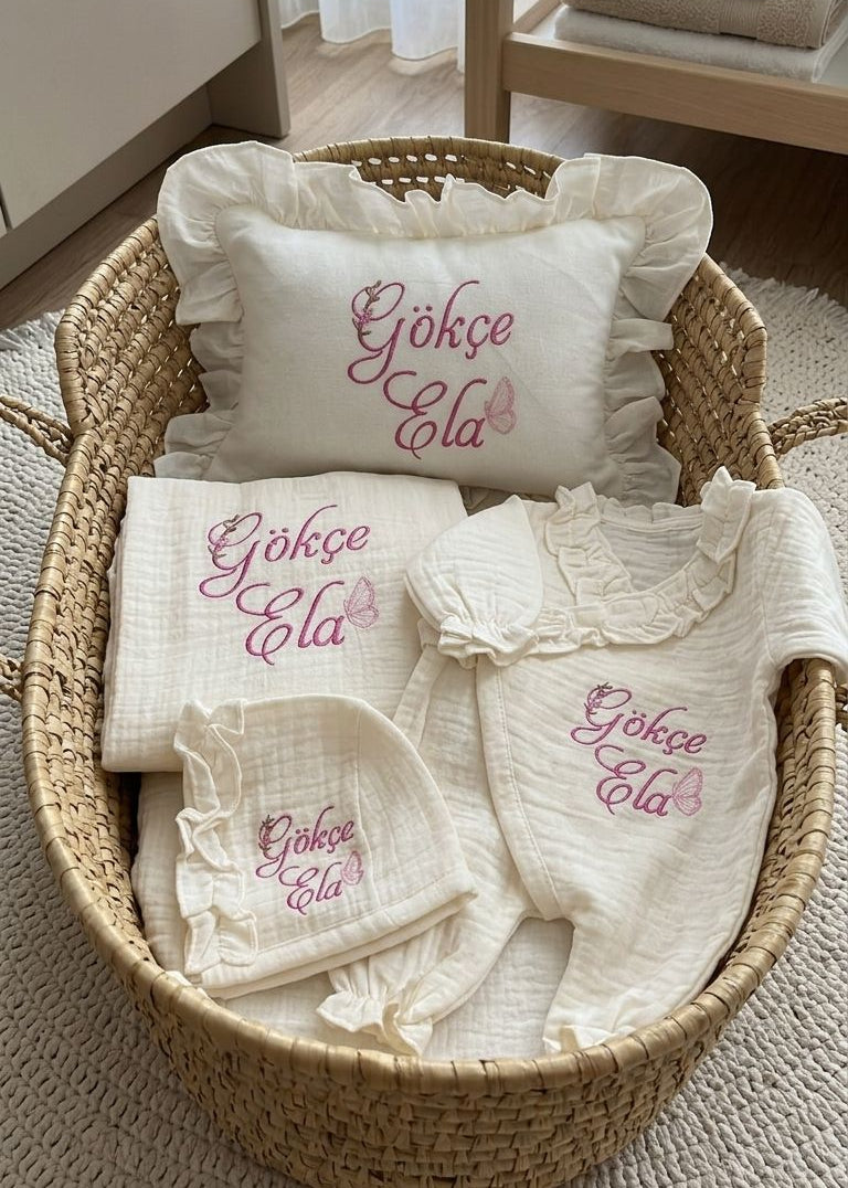 Çiçek Kelebek Detaylı Müslin Set